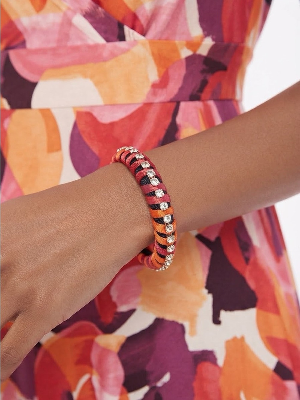 Orange Hot Pink Silk Thread Bangle | Rhinestone Chain Border Statement Bangle - Picture 12 of 14